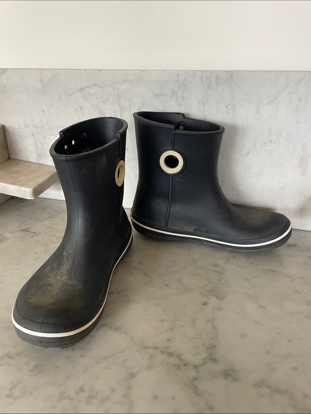 CROCS Black Short Rain Boots with Cream Eyelet